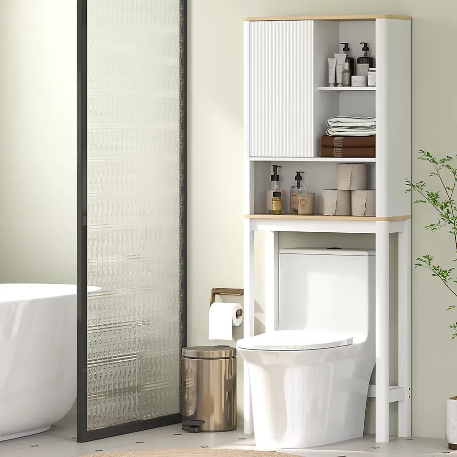 Homcom Meuble WC dessus de toilette style bohème - porte coulissante, étagère, niche - effet bois clair blanc