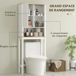 Homcom Meuble WC dessus de toilette style bohème - porte coulissante, étagère, niche - effet bois clair blanc