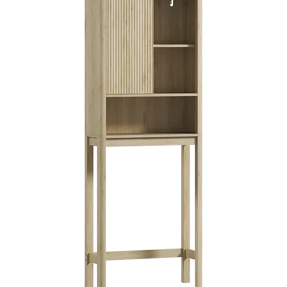 Homcom Meuble WC dessus de toilette style bohème - porte coulissante, étagère, niche - effet bois clair* Meuble Wc