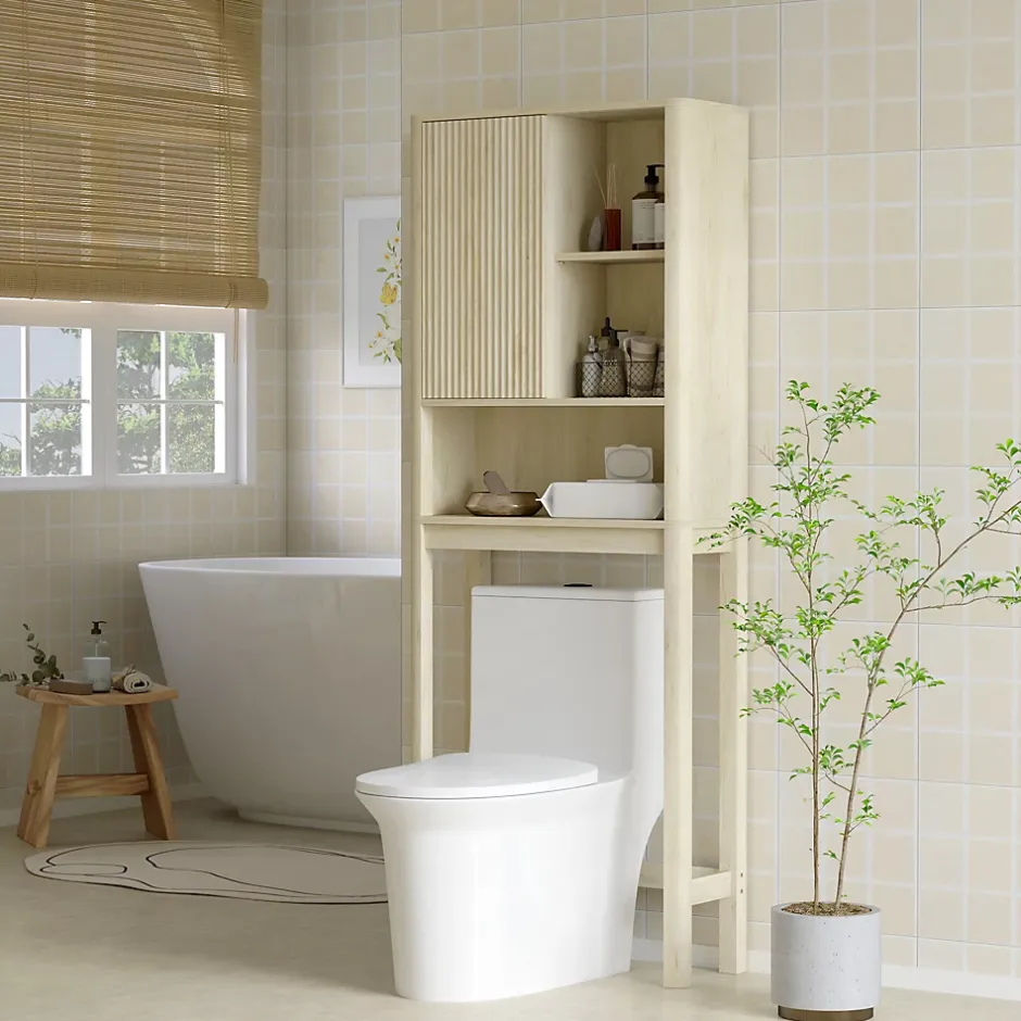 Homcom Meuble WC dessus de toilette style bohème - porte coulissante, étagère, niche - effet bois clair* Meuble Wc