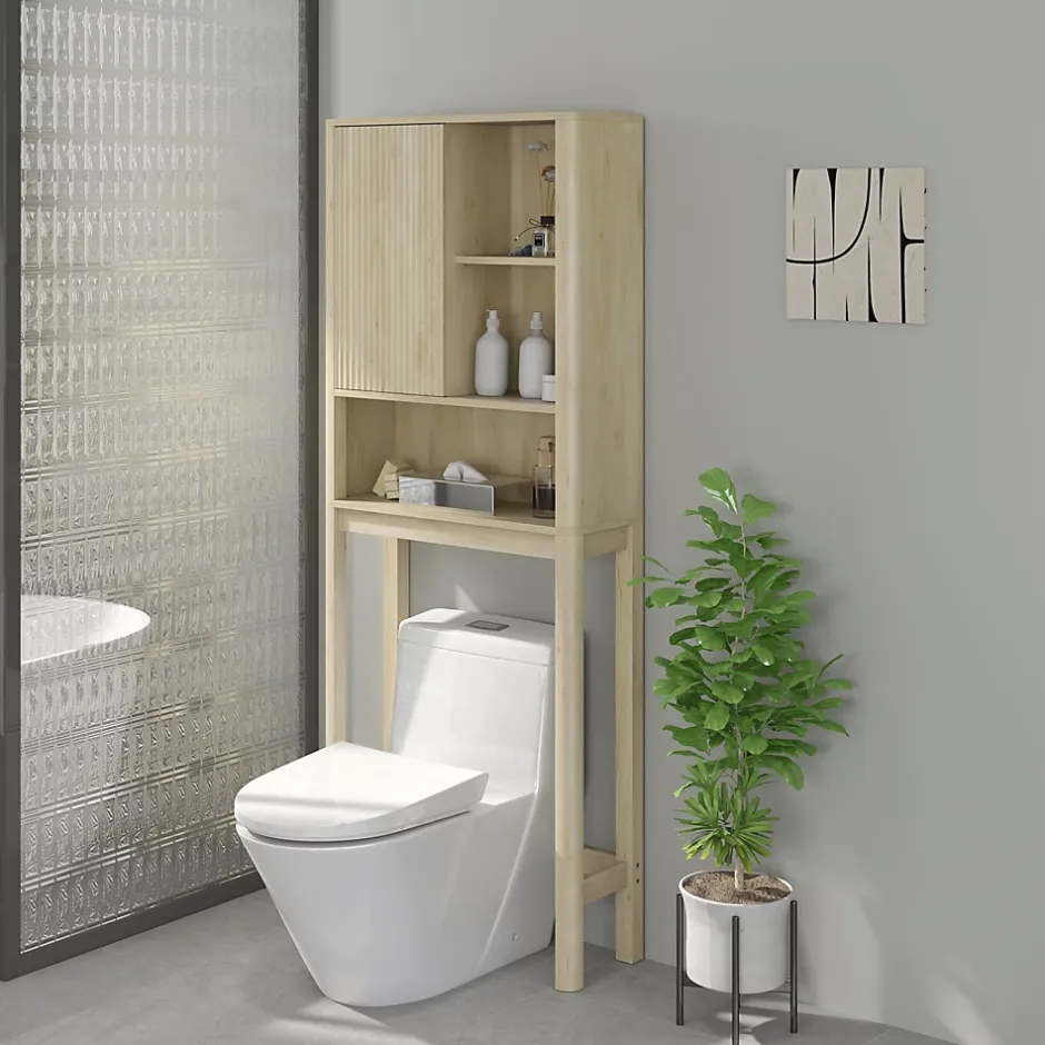 Homcom Meuble WC dessus de toilette style bohème - porte coulissante, étagère, niche - effet bois clair* Meuble Wc