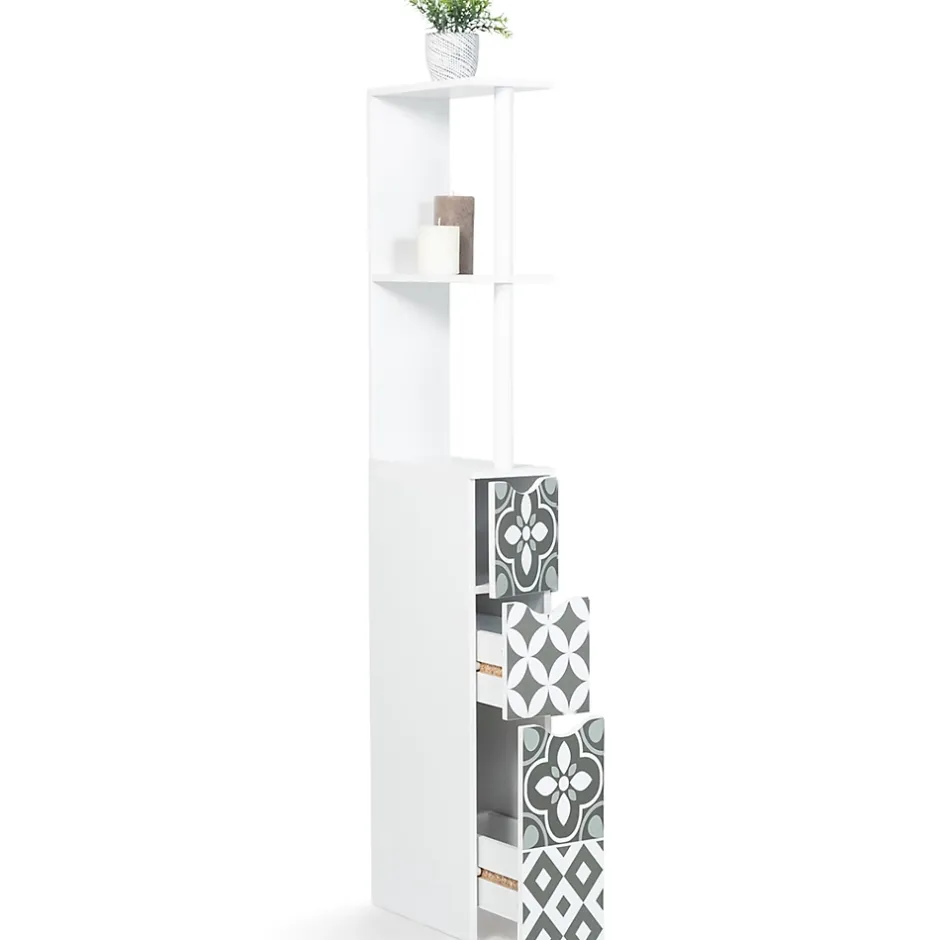 IDMarket Meuble WC étagère bois WILLY 3 portes blanc et motif carreaux de ciment gris