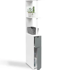 IDMarket Meuble WC étagère WILLY bois 2 portes blanc et gris* Meuble Wc|Meuble De Salle De Bains Faible Profondeur