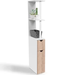 IDMarket Meuble WC étagère WILLY bois 2 portes blanc et hêtre* Meuble Wc