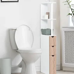 IDMarket Meuble WC étagère WILLY bois 3 portes blanc et hêtre* Meuble Wc|Meuble De Salle De Bains Faible Profondeur