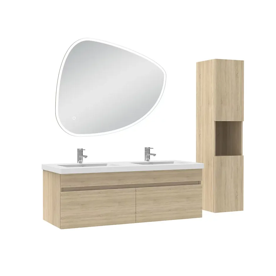 AICA Sanitaire Meubles double vasque 120cm vasque et colonne et miroir 3 couleurs lumineux Chêne Wotan