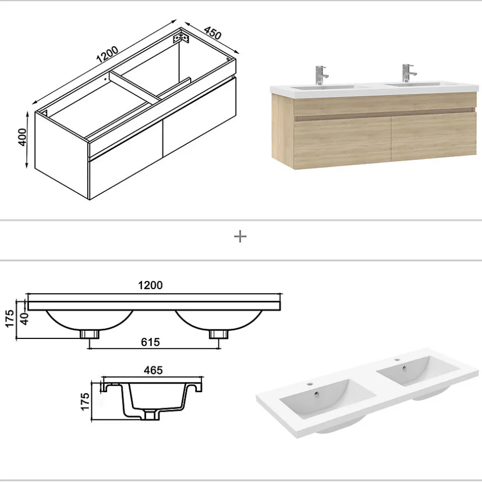 AICA Sanitaire Meubles double vasque 120cm vasque + miroir 3 couleurs lumineux Chêne Wotan* Ensemble Meuble De Salle De Bains