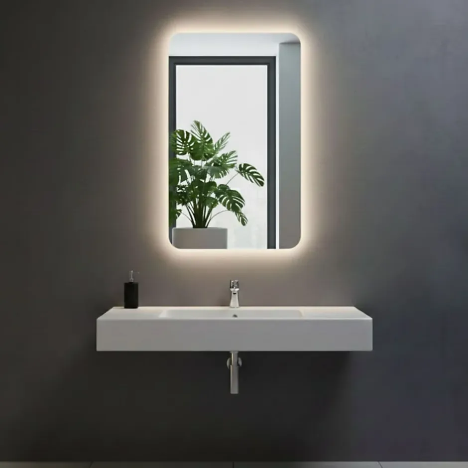 Et Design Miroir à bord poli 100x70 cm avec coins arrondis et rétroéclairage périmétrique