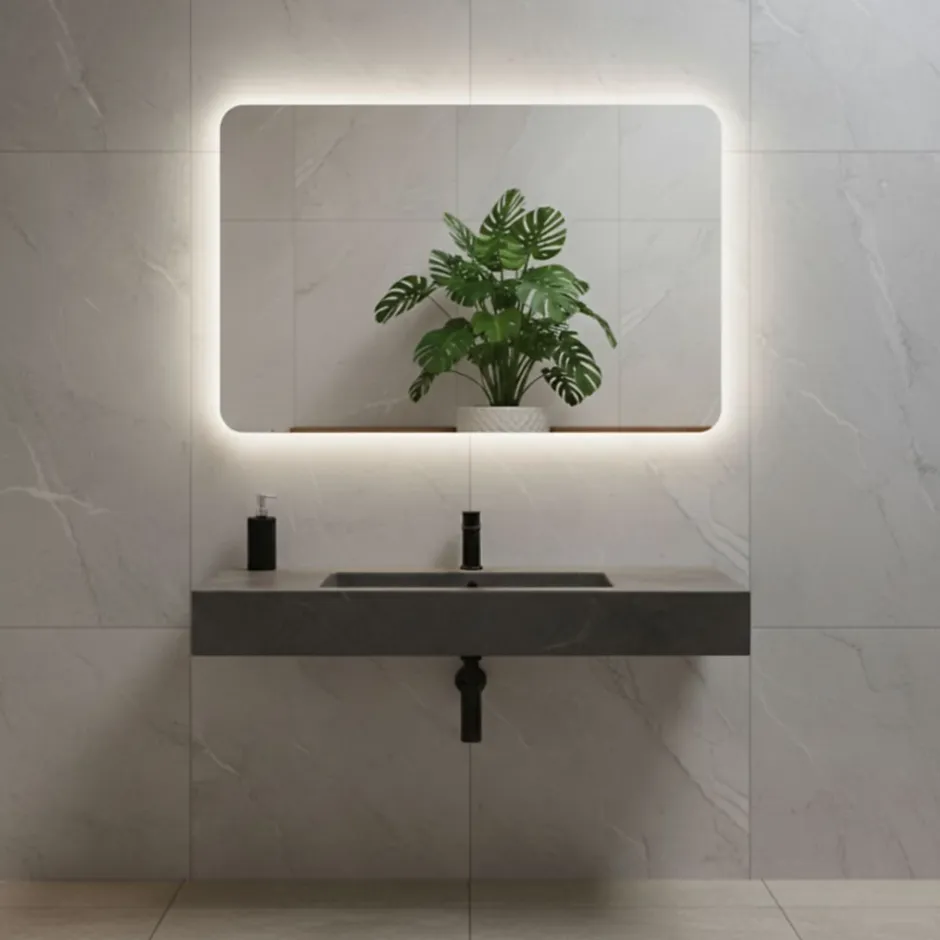 Et Design Miroir à bord poli 100x70 cm avec coins arrondis et rétroéclairage périmétrique