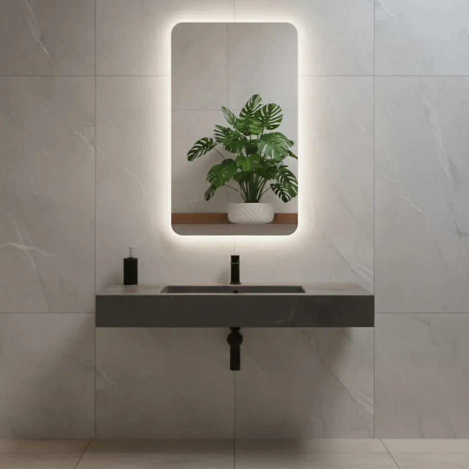 Et Design Miroir à bord poli 100x70 cm avec coins arrondis et rétroéclairage périmétrique
