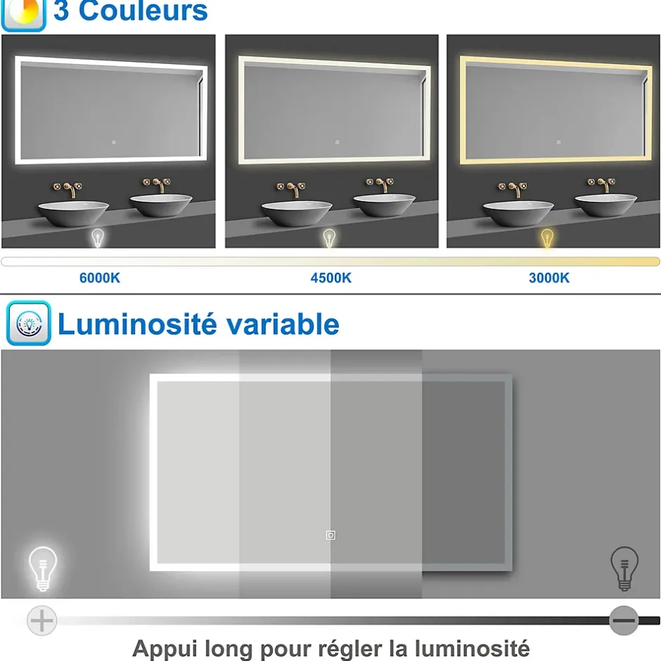 AICA Sanitaire Miroir de salle de bain 50x70cm LED tricolore anti-buée + mémoire + dimmable,