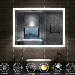 AICA Sanitaire Miroir de salle de bain 60x50cm LED tricolore anti-buée + mémoire + dimmable,* Miroir Lumineux