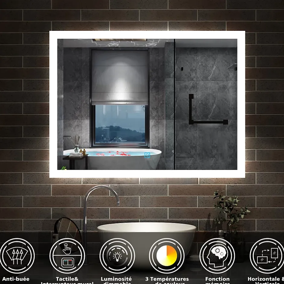 AICA Sanitaire Miroir de salle de bain 60x50cm LED tricolore anti-buée + mémoire + dimmable,* Miroir Lumineux