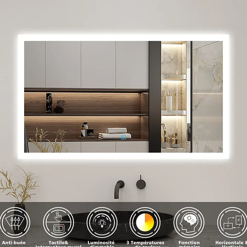 AICA Sanitaire Miroir de salle de bain 80x60cm LED tricolore anti-buée + mémoire + dimmable,* Miroir Lumineux
