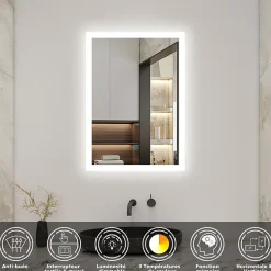 AICA Sanitaire Miroir de salle de bain 50x70cm LED tricolore anti-buée + mémoire + dimmable,* Miroir Lumineux