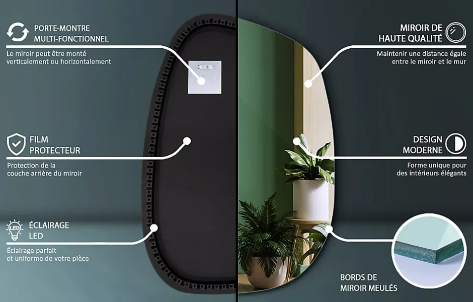 Tulup Miroir asymétrique led 49 x 34 cm design lumière froide