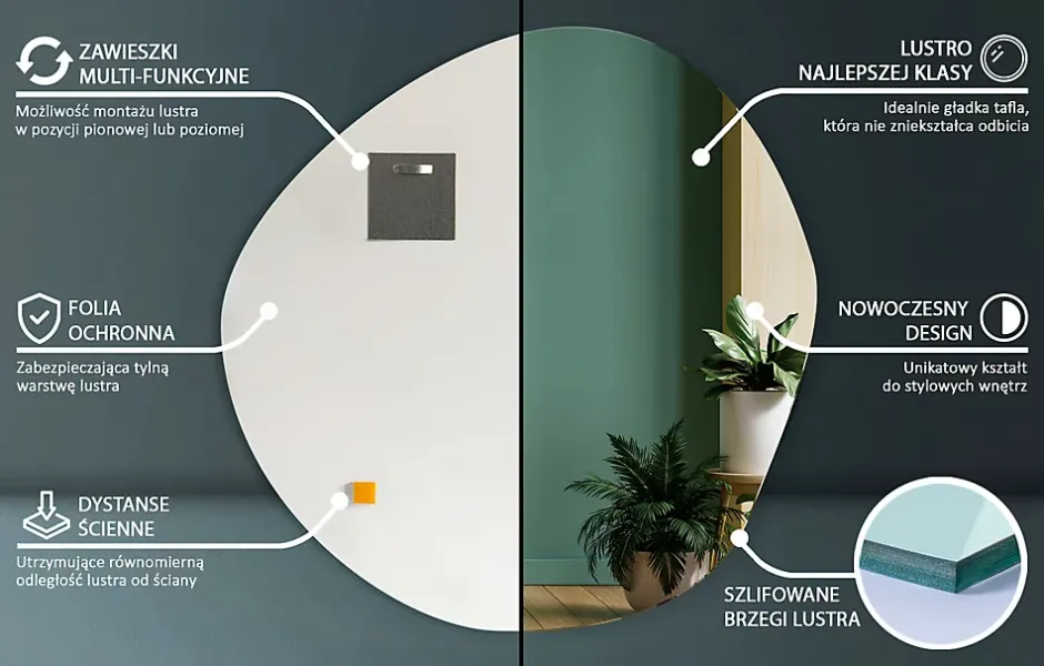 Tulup Miroir asymétrique suspendu 58 x 58 mural 1 pièce* Miroir Simple