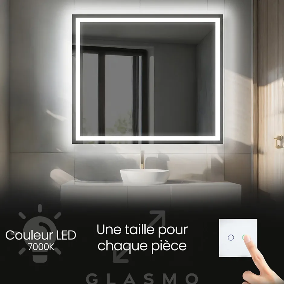 Artforma Miroir avec LED Illumination Salle de Bain - Bella, 70x70 cm, Miroir Mural Avec Éclairage, Blanc Froid 7000K* Miroir Lumineux