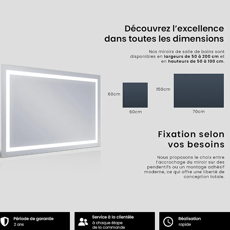 Artforma Miroir avec LED Illumination Salle de Bain - Bella, 70x70 cm, Miroir Mural Avec Éclairage, Blanc Froid 7000K* Miroir Lumineux