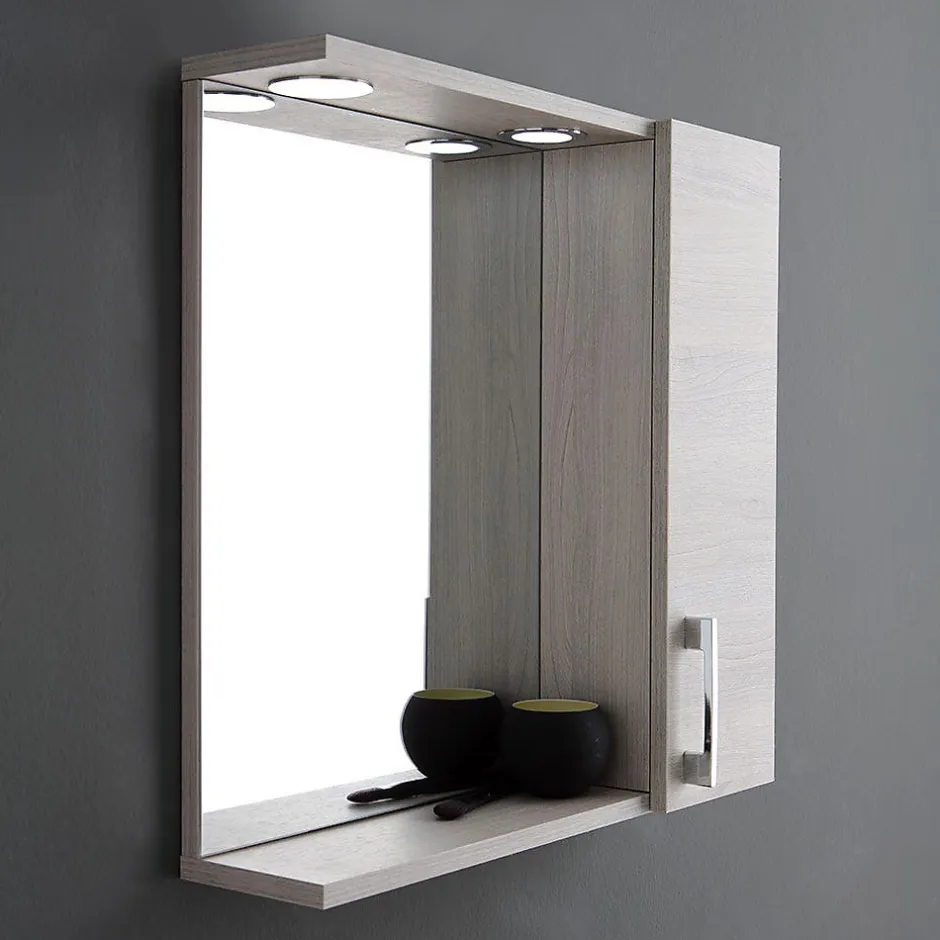 Kiamami Valentina Miroir Avec Unité Murale Droite En Chêne Gris Effet Bois Et Spot Led 58Cm* Armoire De Toilette