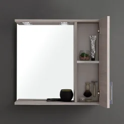Kiamami Valentina Miroir Avec Unité Murale Droite En Chêne Gris Effet Bois Et Spot Led 58Cm* Armoire De Toilette