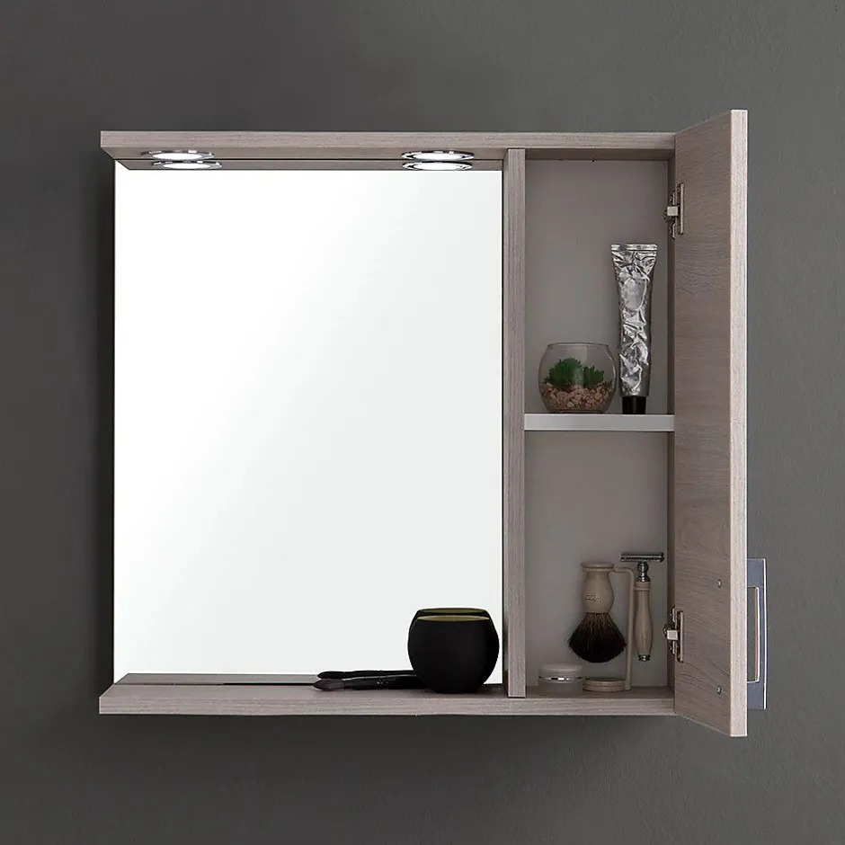 Kiamami Valentina Miroir Avec Unité Murale Droite En Chêne Gris Effet Bois Et Spot Led 58Cm* Armoire De Toilette