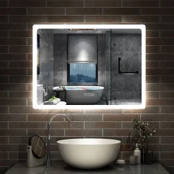 AICA Sanitaire Miroir Bluetooth 100x60 cm, tricolore + horloge + mémoire + dimmable + anti-buée, miroir LED étanche IP44,* Miroir Lumineux