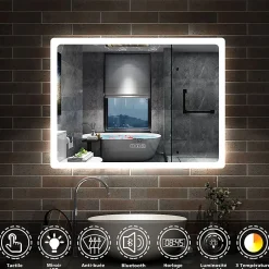 AICA Sanitaire Miroir Bluetooth 100x60 cm, tricolore + horloge + mémoire + dimmable + anti-buée, miroir LED étanche IP44,* Miroir Lumineux