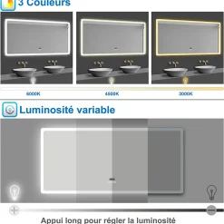 AICA Sanitaire Miroir Bluetooth 70x50 cm, tricolore + horloge + mémoire + dimmable + anti-buée, miroir LED étanche IP44,* Miroir Lumineux