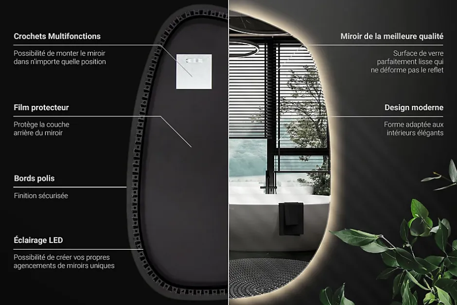 Wallfluent Miroir décoratif LED 49 x 34 cm design lumière chaude* Miroir Lumineux