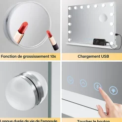 Sirhona Miroir de Maquillage Éclairage LED 80x60x10 cm + Bluetooth + Loupe 10X + Port USB + Température à Tricolore