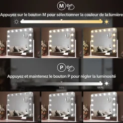 Sirhona Miroir de Maquillage Éclairage LED 50x47x9cm cm + Support de Téléphone + Loupe 10x + Port USB + Température Tricolore