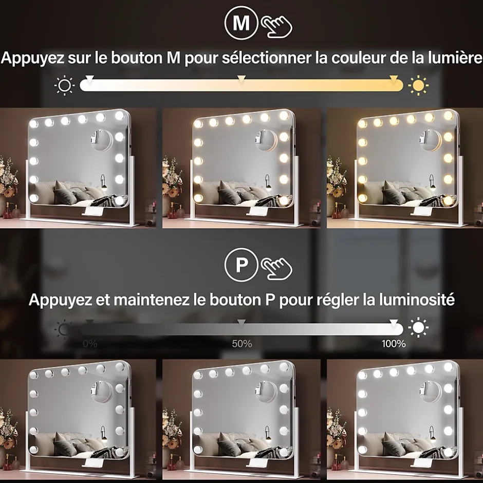 Sirhona Miroir de Maquillage Éclairage LED 50x47x9cm cm + Support de Téléphone + Loupe 10x + Port USB + Température Tricolore
