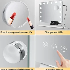 Sirhona Miroir de Maquillage Éclairage LED 50x47x9cm cm + Support de Téléphone + Loupe 10x + Port USB + Température Tricolore