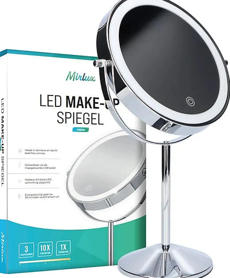 Mirlux Miroir De Maquillage Lumineux LED Rechargeable Chrome, grossissement 1-10x* Miroir Grossissant Lumineux