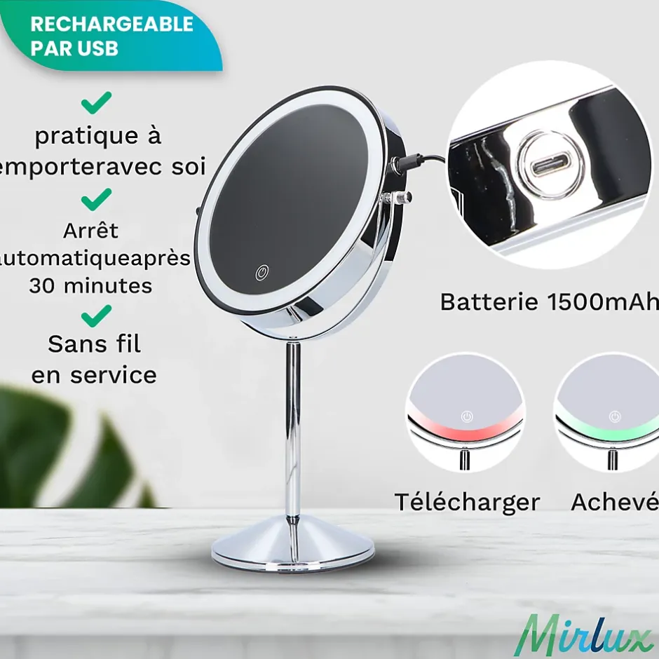 Mirlux Miroir De Maquillage Lumineux LED Rechargeable Chrome, grossissement 1-10x* Miroir Grossissant Lumineux