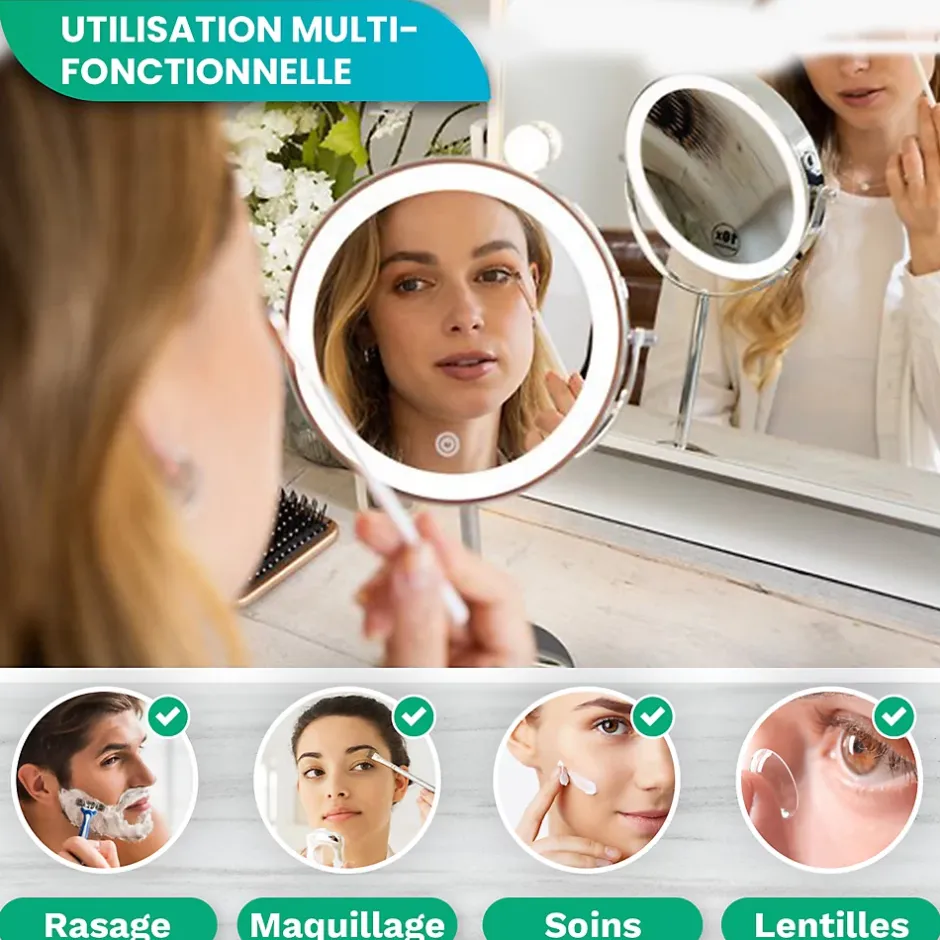 Mirlux Miroir De Maquillage Lumineux LED Rechargeable Chrome, grossissement 1-10x* Miroir Grossissant Lumineux