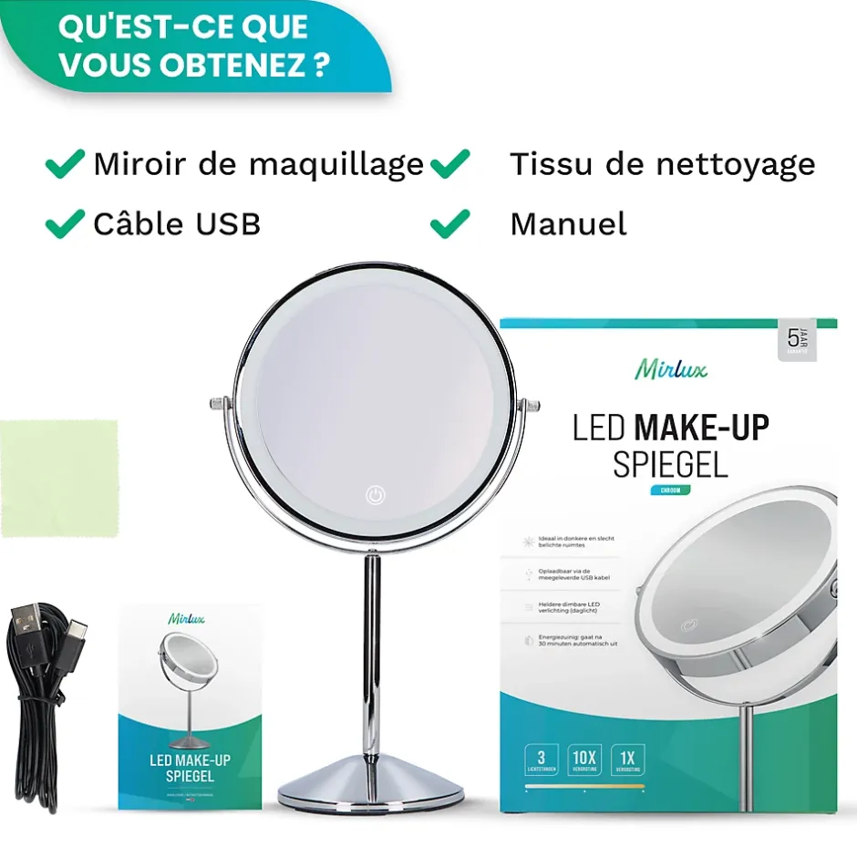 Mirlux Miroir De Maquillage Lumineux LED Rechargeable Chrome, grossissement 1-10x* Miroir Grossissant Lumineux