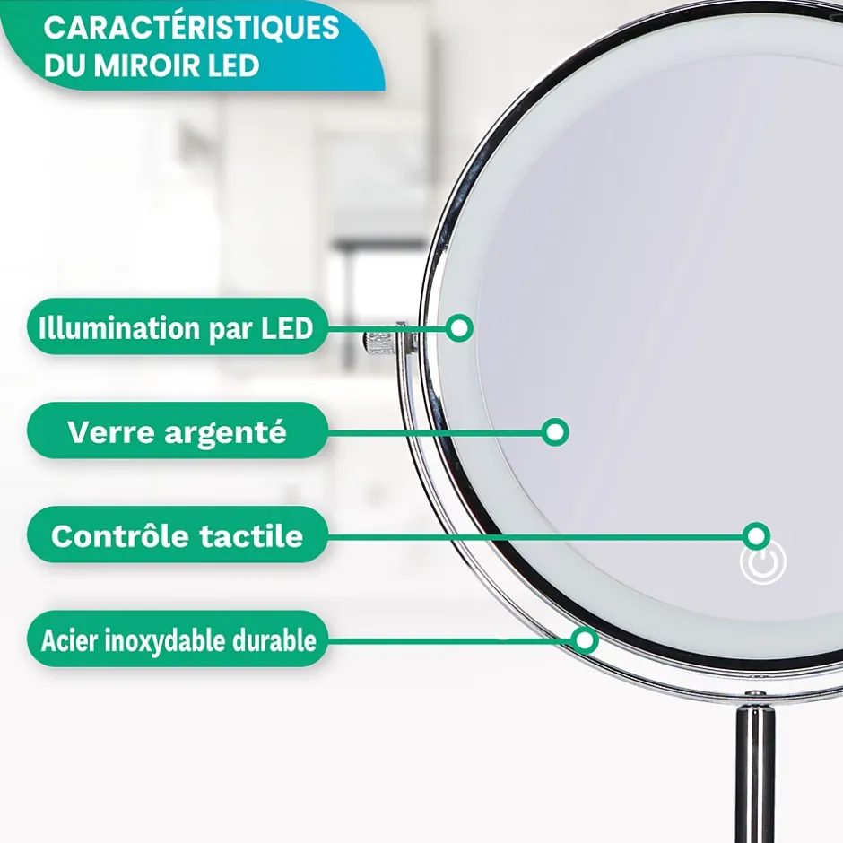 Mirlux Miroir De Maquillage Lumineux LED Rechargeable Chrome, grossissement 1-10x* Miroir Grossissant Lumineux