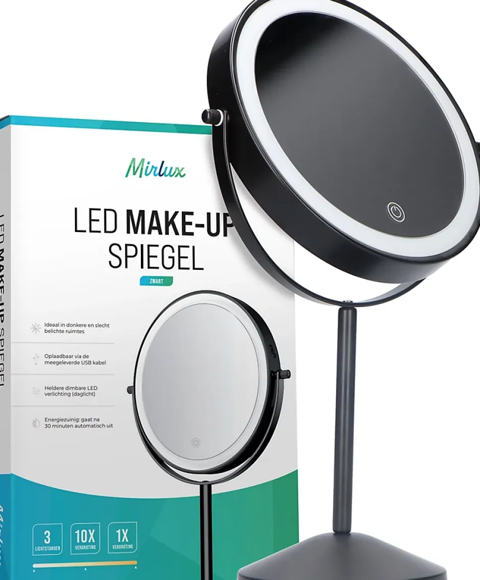 Mirlux Miroir De Maquillage Lumineux LED Rechargeable Noir, Grossissement 1-10x