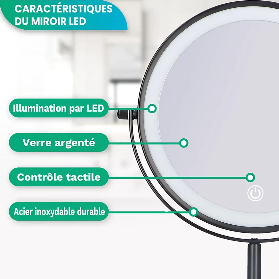 Mirlux Miroir De Maquillage Lumineux LED Rechargeable Noir, Grossissement 1-10x