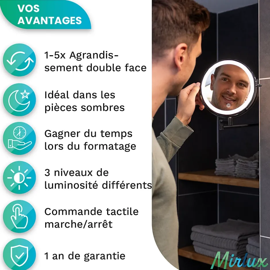 Mirlux Miroir De Maquillage Lumineux LED Rechargeable Noir, Grossissement 1-5x* Miroir Grossissant Lumineux