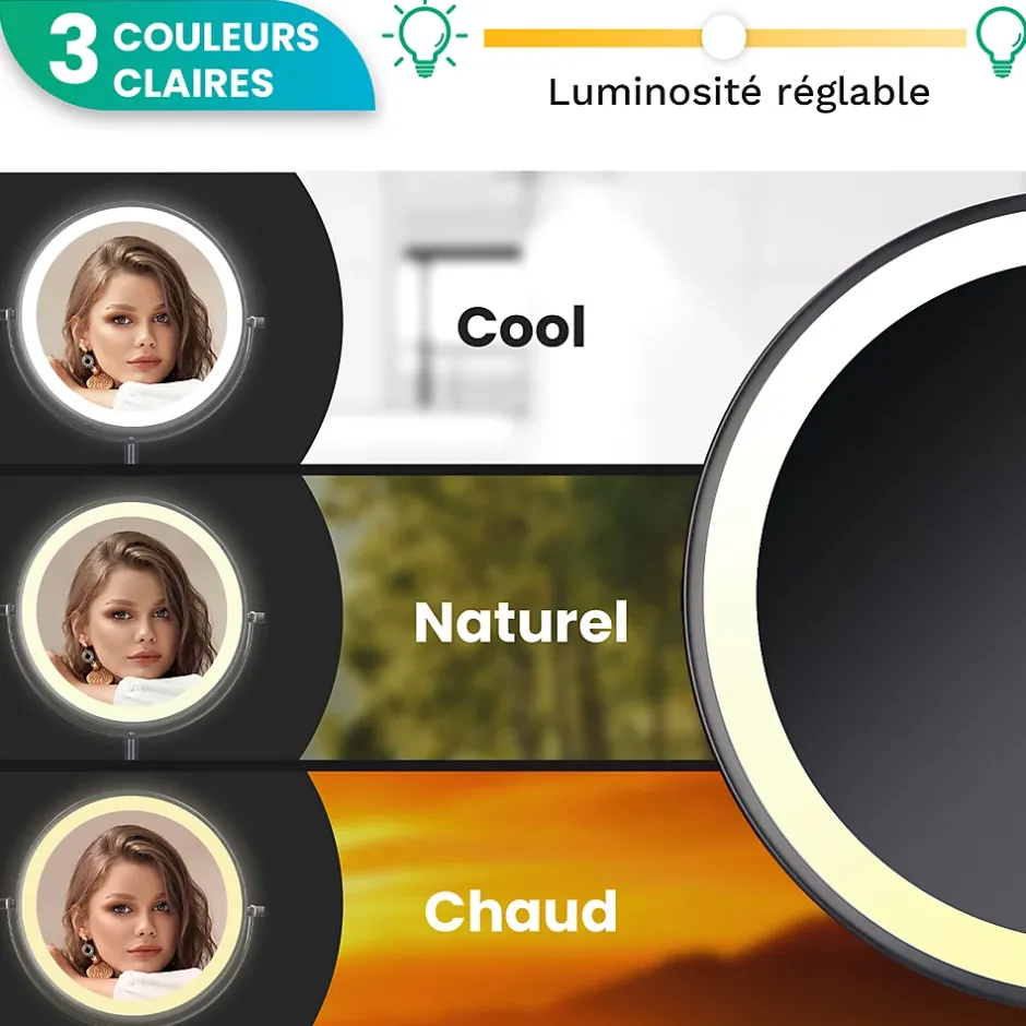 Mirlux Miroir De Maquillage Lumineux LED Rechargeable Noir, Grossissement 1-5x* Miroir Grossissant Lumineux