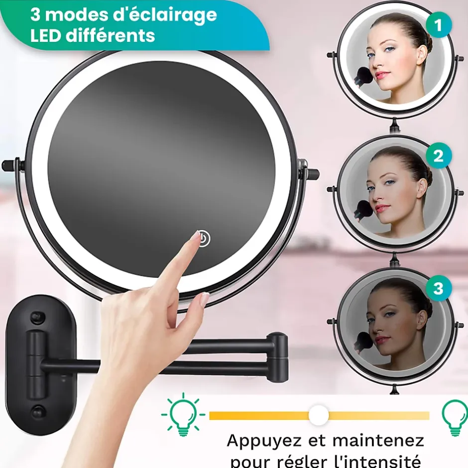Mirlux Miroir De Maquillage Lumineux LED Rechargeable Noir, Grossissement 1-5x* Miroir Grossissant Lumineux