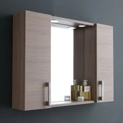 Kiamami Valentina Miroir De Rangement Avec Armoires Latérales, Étagère Et Spots À Led 77Cm Chêne Fumé