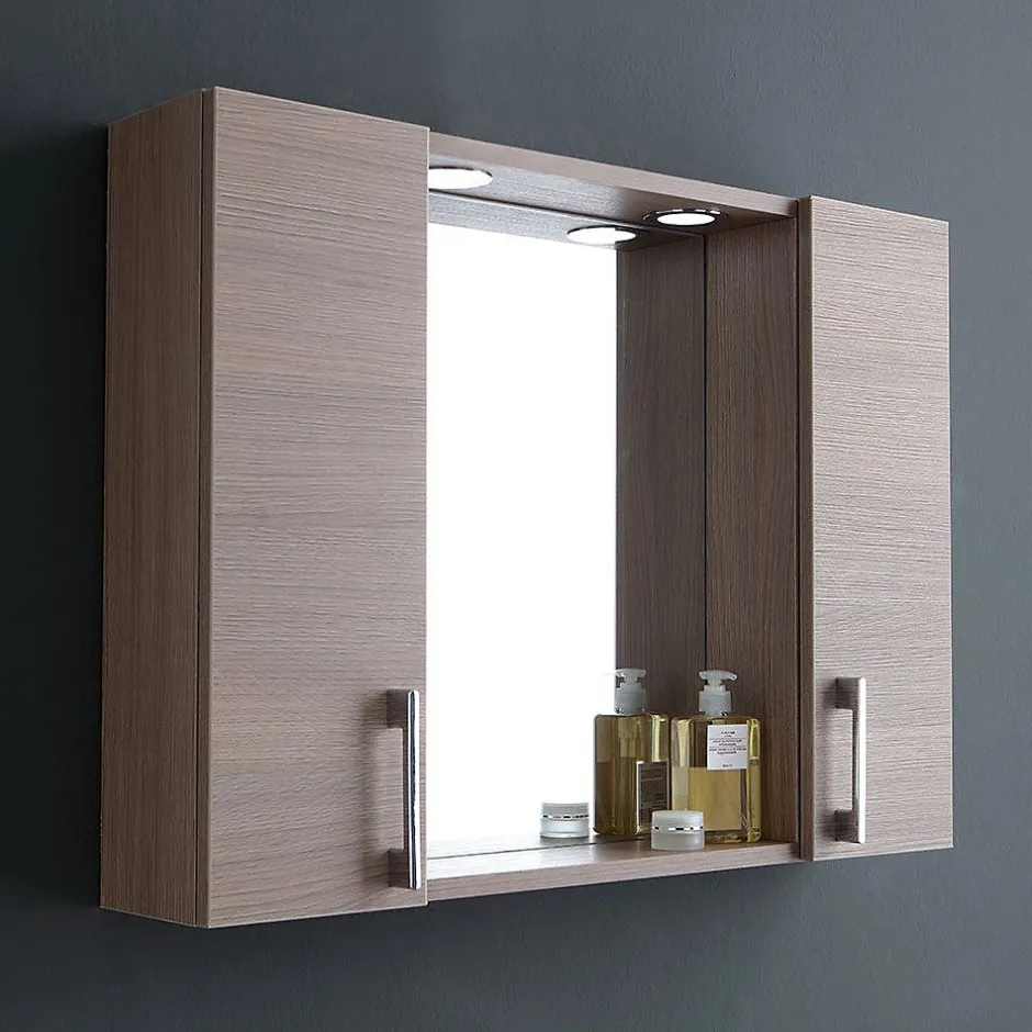 Kiamami Valentina Miroir De Rangement Avec Armoires Latérales, Étagère Et Spots À Led 77Cm Chêne Fumé