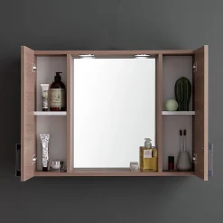 Kiamami Valentina Miroir De Rangement Avec Armoires Latérales, Étagère Et Spots À Led 77Cm Chêne Fumé
