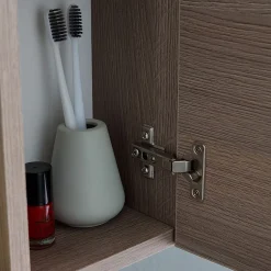 Kiamami Valentina Miroir De Rangement Avec Armoires Latérales, Étagère Et Spots À Led 77Cm Chêne Fumé