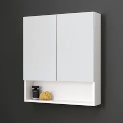 Kiamami Valentina Miroir De Rangement Blanc À Deux Portes Avec Compartiment Inférieur Ouvert