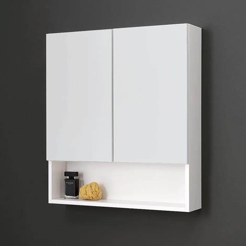 Kiamami Valentina Miroir De Rangement Blanc À Deux Portes Avec Compartiment Inférieur Ouvert